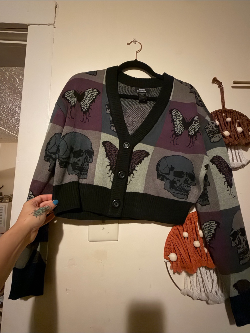 Skull & Butterfly Cropped Cardigan Sweater - Black/Purple
